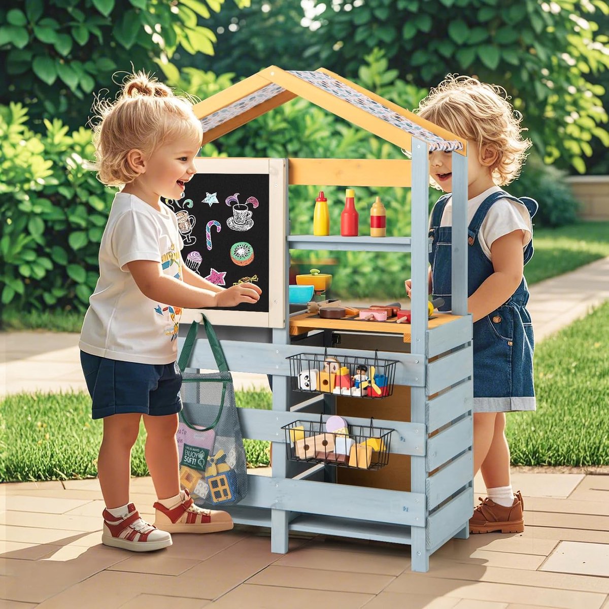 KOMFOTTEU 2-in-1 Modderkeuken Hout voor buiten, dubbelzijdige buitenkeuken - buiten speelkeuken - voor kinderen vanaf 3 jaar - met krijtbord, barbecue, oven, luifel en barbecueaccessoires — afbeelding 2