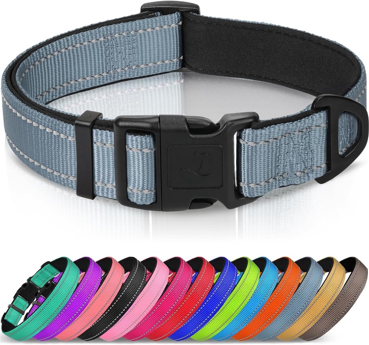 Sander Shop Reflecterende Hondenhalsband, Zacht Neopreen Gewatteerde Ademende Nylon Huisdier Halsband Verstelbaar voor XLarge Honden, M, Grijs