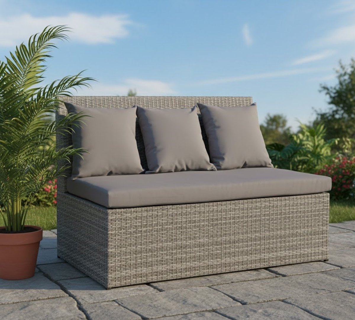 Luxe 2-Zits Polyrattan Loungesofa HWC-G16 – Modern Tuinbank Recliner met Donkergrijze Kussens – Waterbestendig, Comfortabele Zit, 120 cm, Poly Rattan & Stalen Frame House&Garden