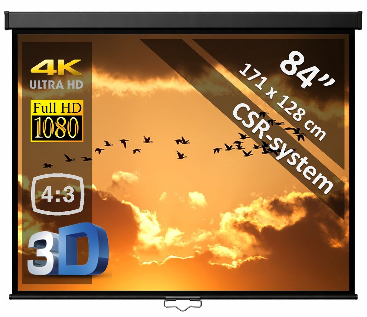 Manueel projectiescherm 84" (4:3) - 171 x 128 cm - 4:3 - mét CSR-systeem - beamer scherm - ZWARTE behuizing