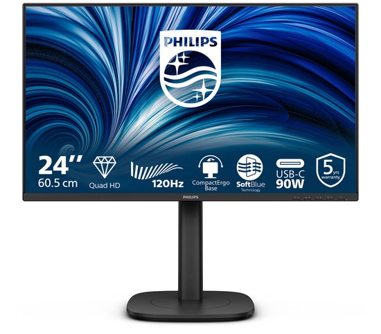 Zwarte Philips monitor 24 inch Quad HD, 120Hz, USB-C 90W. Scherm toont blauw wervelend patroon.