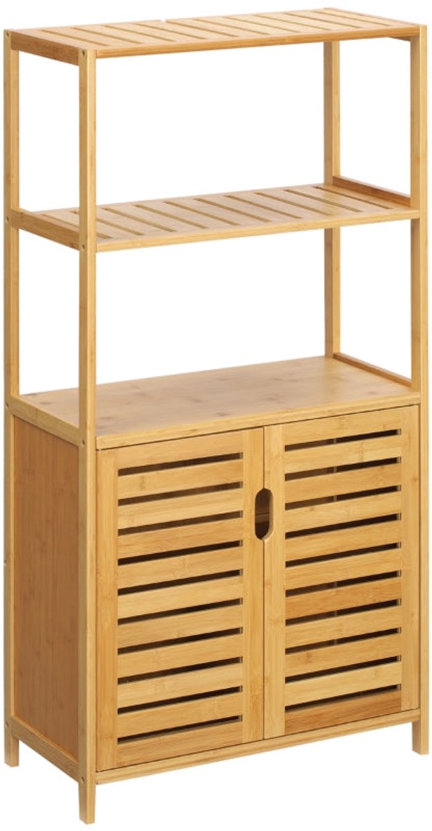 Merax Badkamerkast Van Bamboe Met Lamellendeuren En 2 Open Vakken – Smalle Opbergkast/Badkamerrek – Naturel – 60 X 30 X 120 Cm