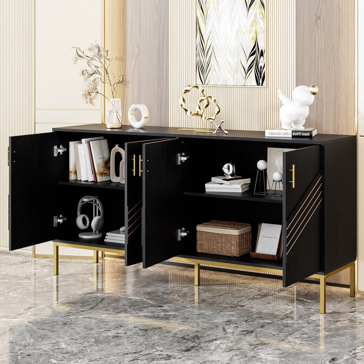 MIVRAY Dressoir - Vier Deuren Met Verstelbare Planken - Opbergen Voor Woonkamer En Eetkamer - MDF Zwart Met Houtnerf - 160x40x80,5 Cm