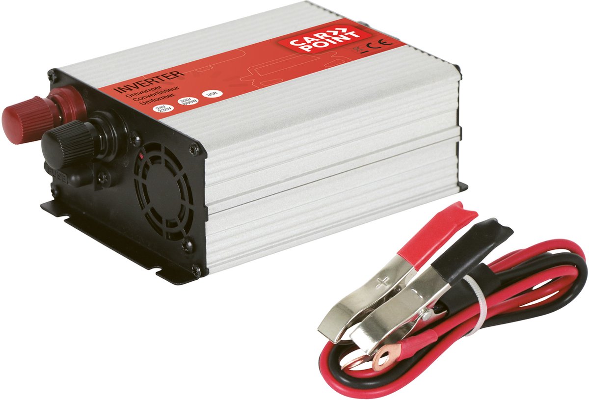 Carpoint Omvormer - 24V>230V - Continu vermogen 300W - Piekvermogen 600 Watt - USB poort om ander apparaat op te laden – Aansluiting op accu met accuklemmen – Ingebouwde koelventilator - Afmeting 120x100x50mm