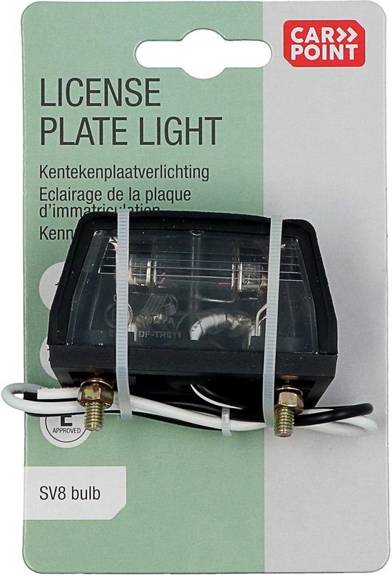 Kentekenplaatverlichting in verpakking met tekst 'LICENSE PLATE LIGHT SV8 bulb'.