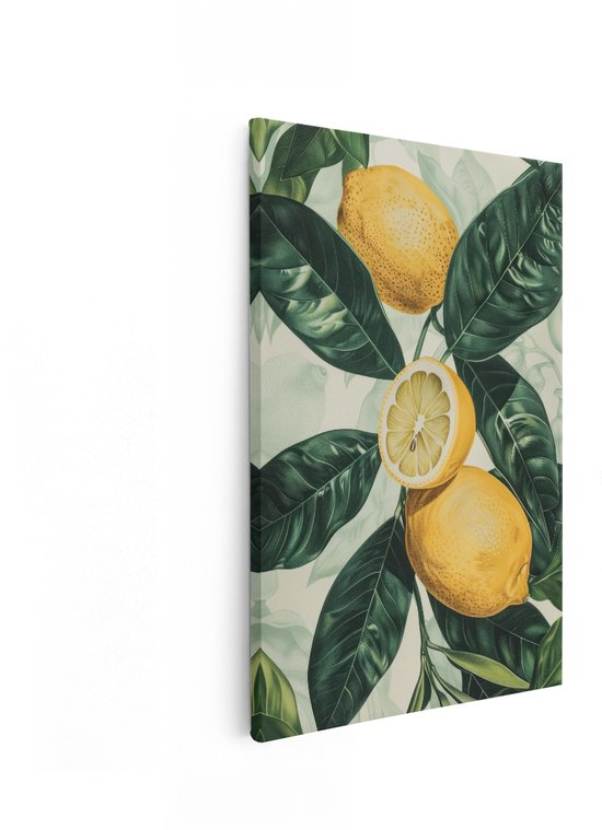 Canvas met een botanische illustratie van drie gele citroenen en donkergroene bladeren op een lichtgroene achtergrond.
