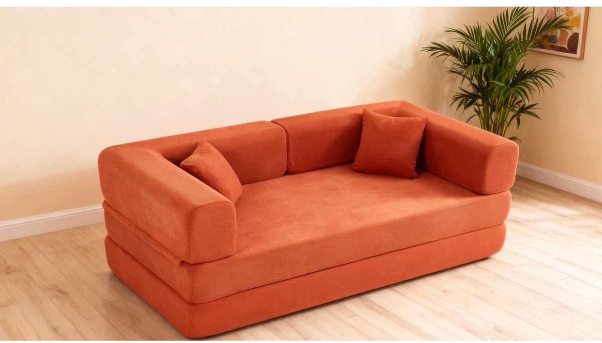 OKWISH Vloerslaapbank 3-Zits - Verstelbare Armleuningen En Opvouwbaar Tot Bed - Voor Woonkamer Slaapkamer Studio - Corduroy - Oranje