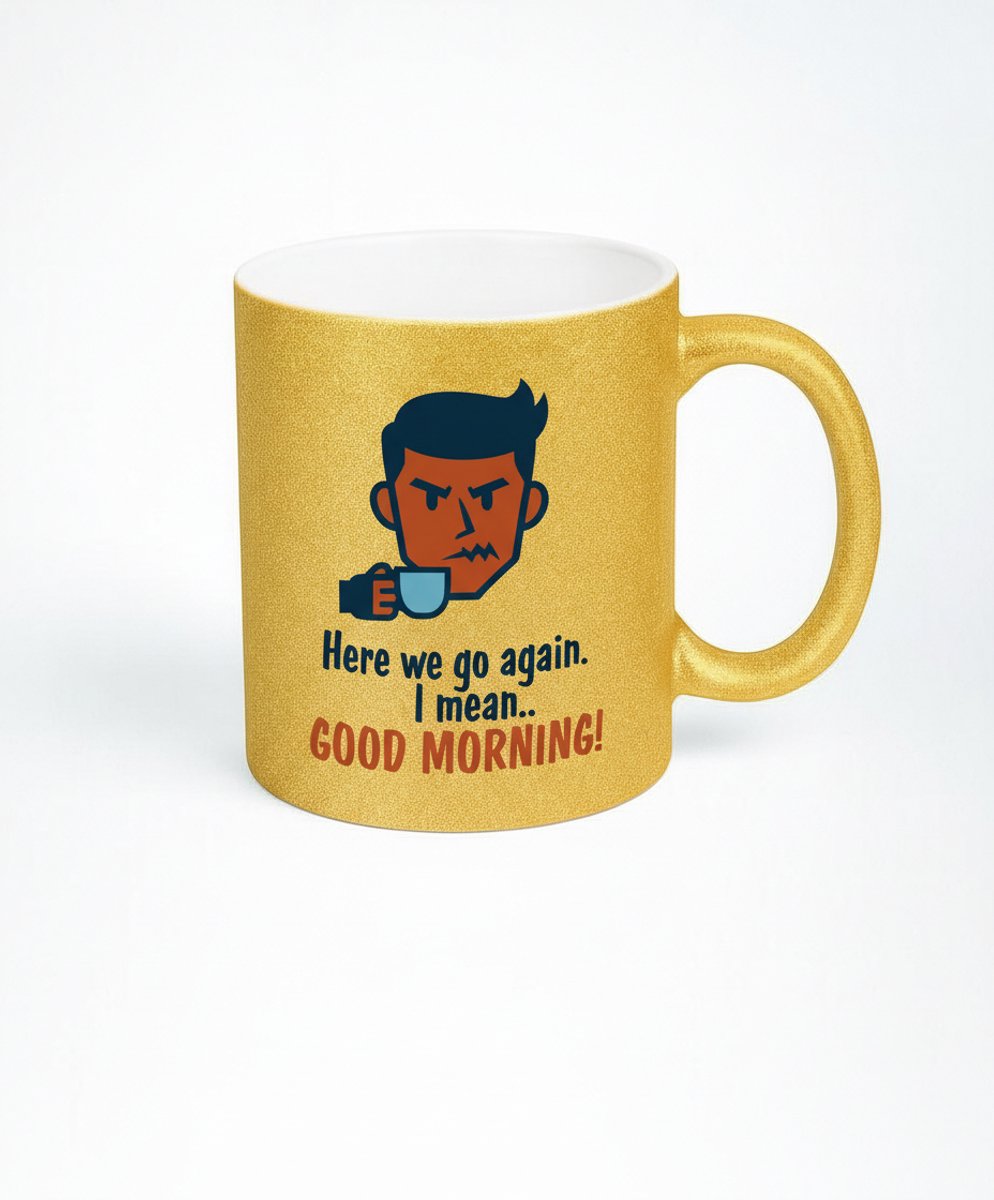 Gouden Glitter Mok "Here we go again" - Koffie Humor Cadeau