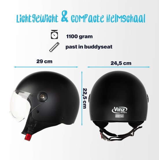 VINZ Duoro Casque Jet avec Visière / Casque de Scooter / Casque de Scooter Moustache - Zwart Mat