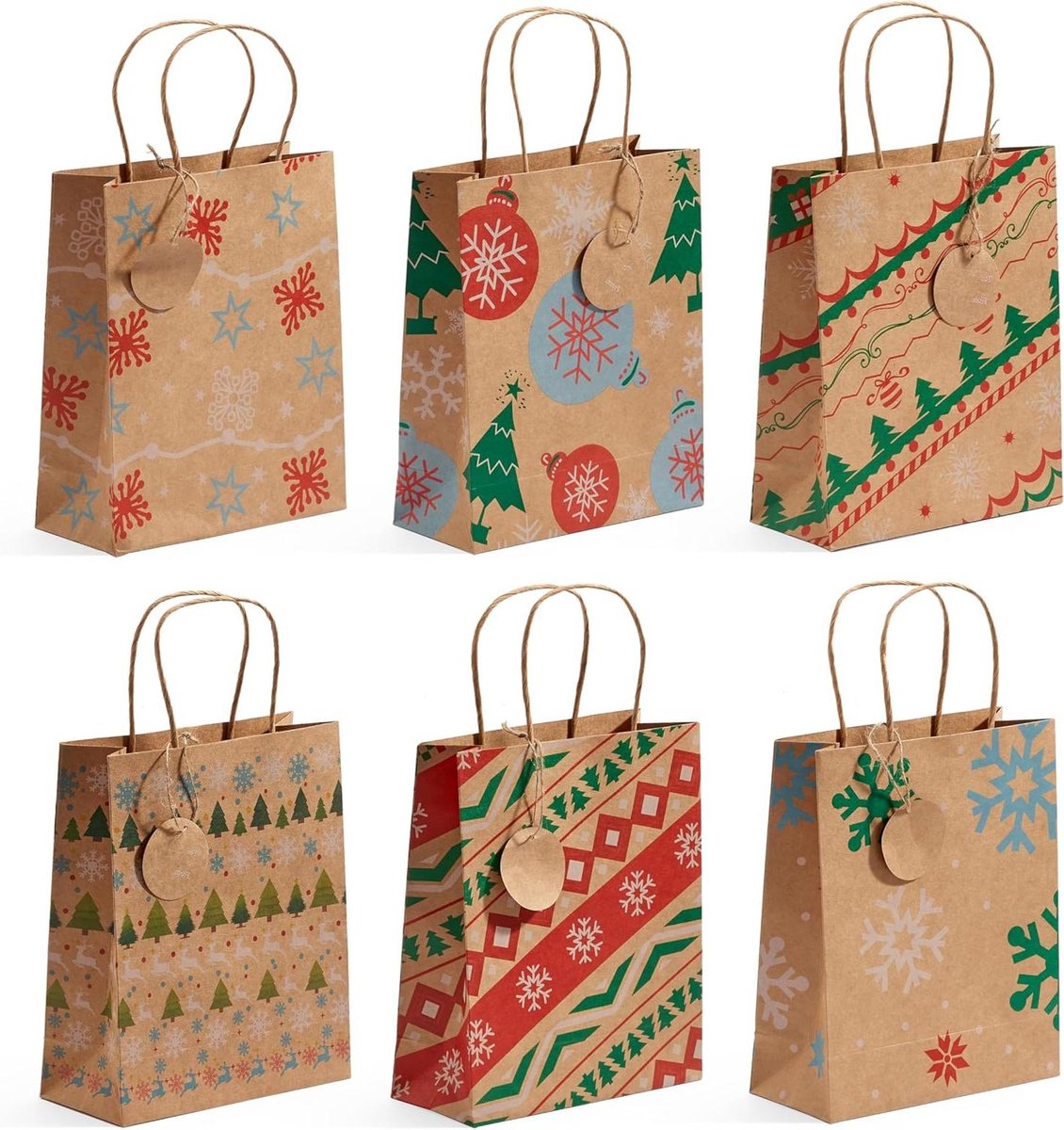 24 Kerstcadeauzakjes met Labels in Feestelijke Ontwerpen - Milieuvriendelijk - 18 x 22 x 10 cm