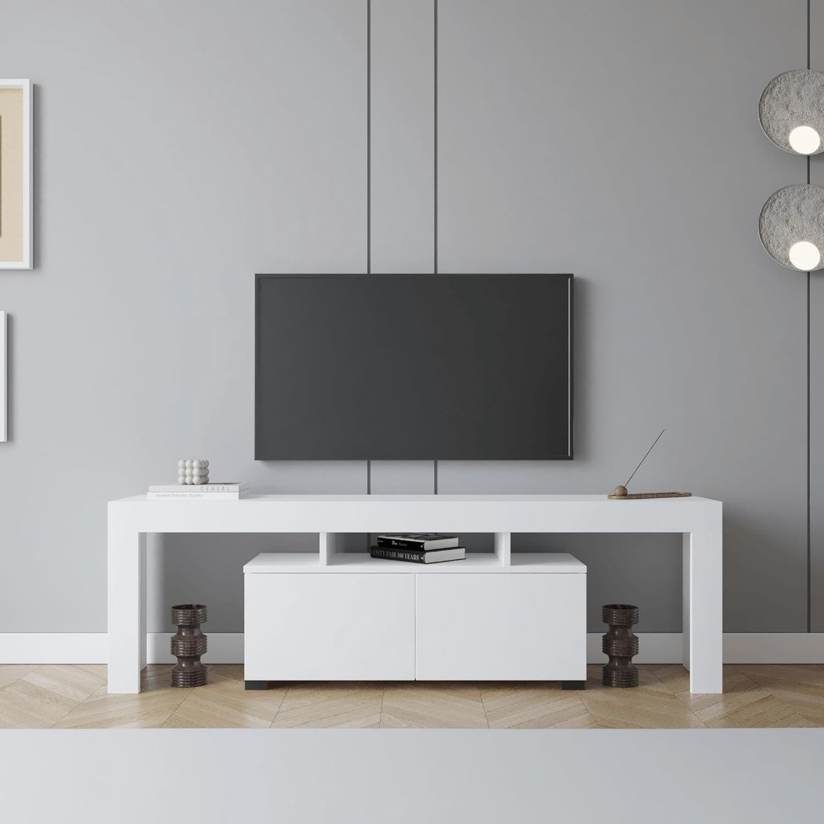 TV-lowboard Urbanhome 180 cm – Modernes Weiß Matt TV Board mit 2 Türen & Offenen Fächern – Lowboard für Fernseher bis 75 Zoll – Sideboard für Wohnzimmer & Entertainment