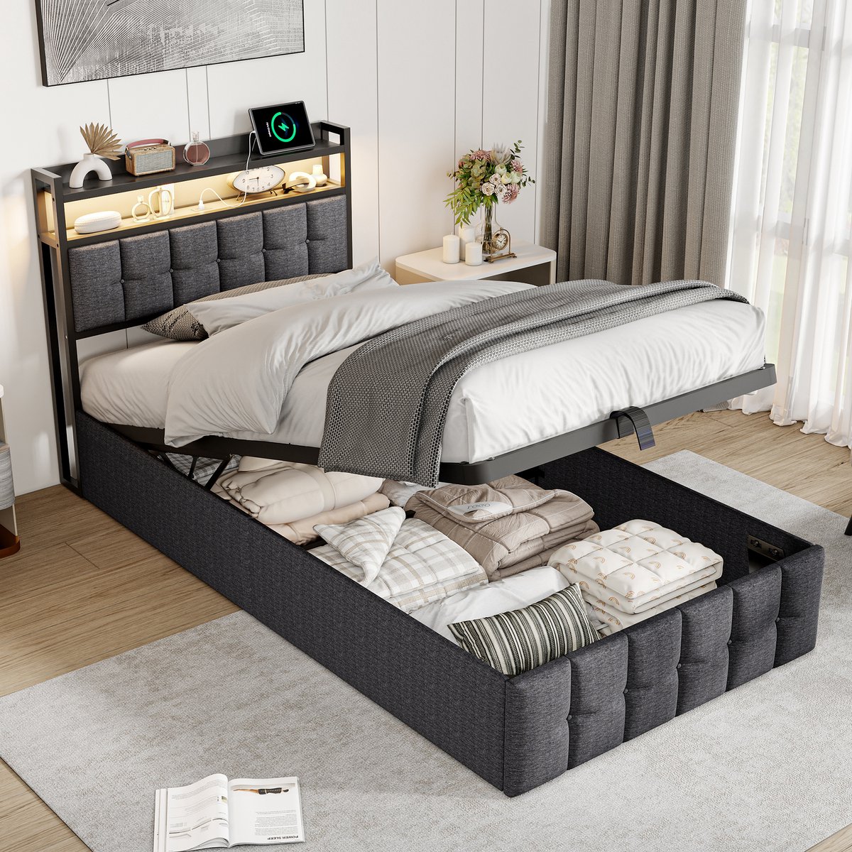 Gasveringbed Boxspring 90x200 cm met Opbergruimte Grijs