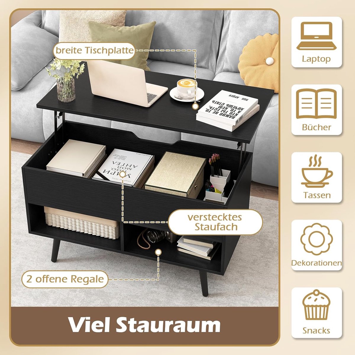 Salontafel in hoogte verstelbaar 80x40 cm – Lift-Up Koffietafel met Opbergruimte, Opklapbaar Tafelblad, Moderne Woonkamertafel van Hout & MDF – zwart – Pauwhome