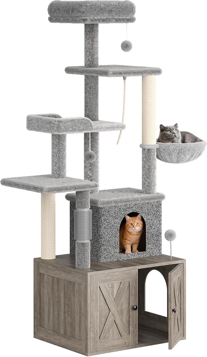 Kattenbakmeubel met Krabpaal en Hangmat - 2-in-1 Modern Kattenmeubel, Verborgen Kattenbak Omkasting met Kattenboom, Meerdere Ligplekken, Krabpaal & Transparante Hangmat - Grijs -60x48x165CM