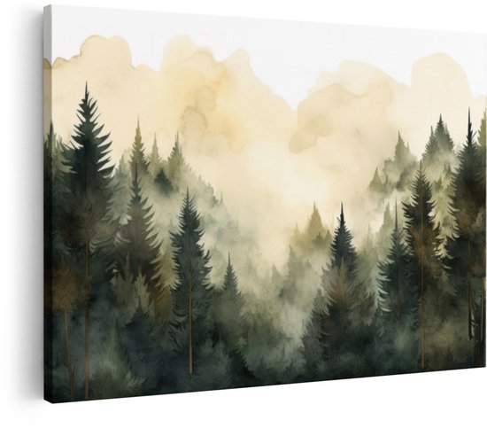 Une toile représentant un paysage forestier vert et brumeux avec des nuages jaunes, dans un style aquarelle.