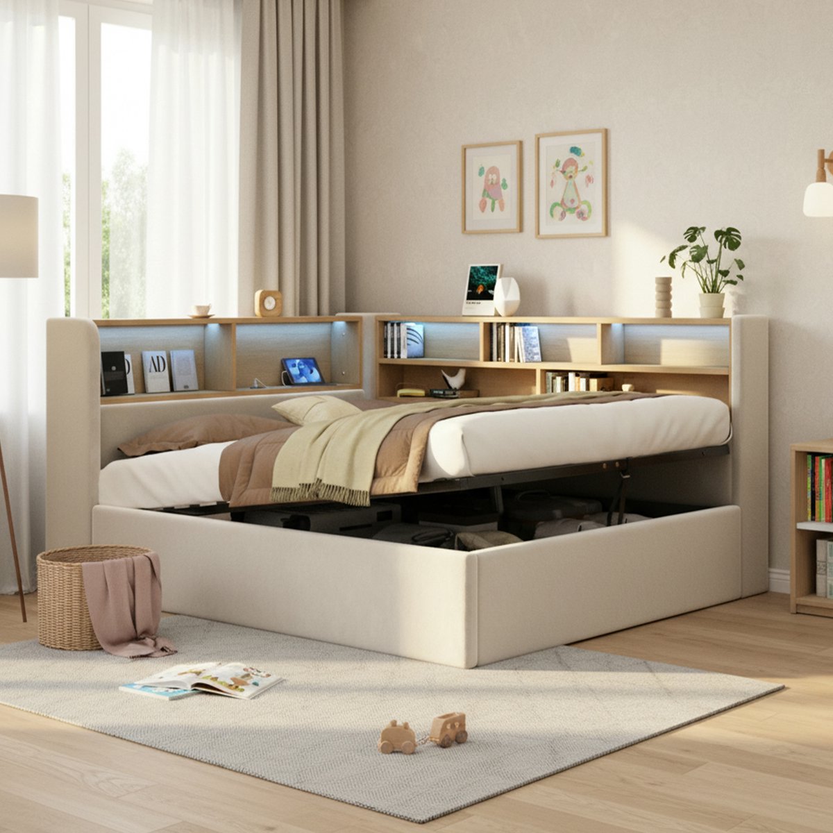 Sweiko Slaapbank - 140x190 cm - Opbergruimte - LED-verlichting - USB-poorten - Velvet - Beige