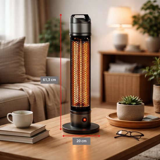 Zwarte staande infrarood heater op een salontafel, met afmetingen 61,3 cm hoog en 20 cm breed.