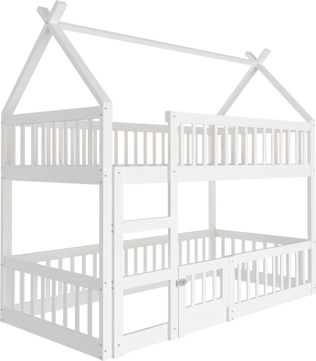 STILVORA Stapelbed 90x200 cm – Hoogslaper Met Trap – Speel En Rustzone Met Deurtje – Veilig Hekwerk – Voor Kinderkamer – Hout – Zonder matras – Wit
