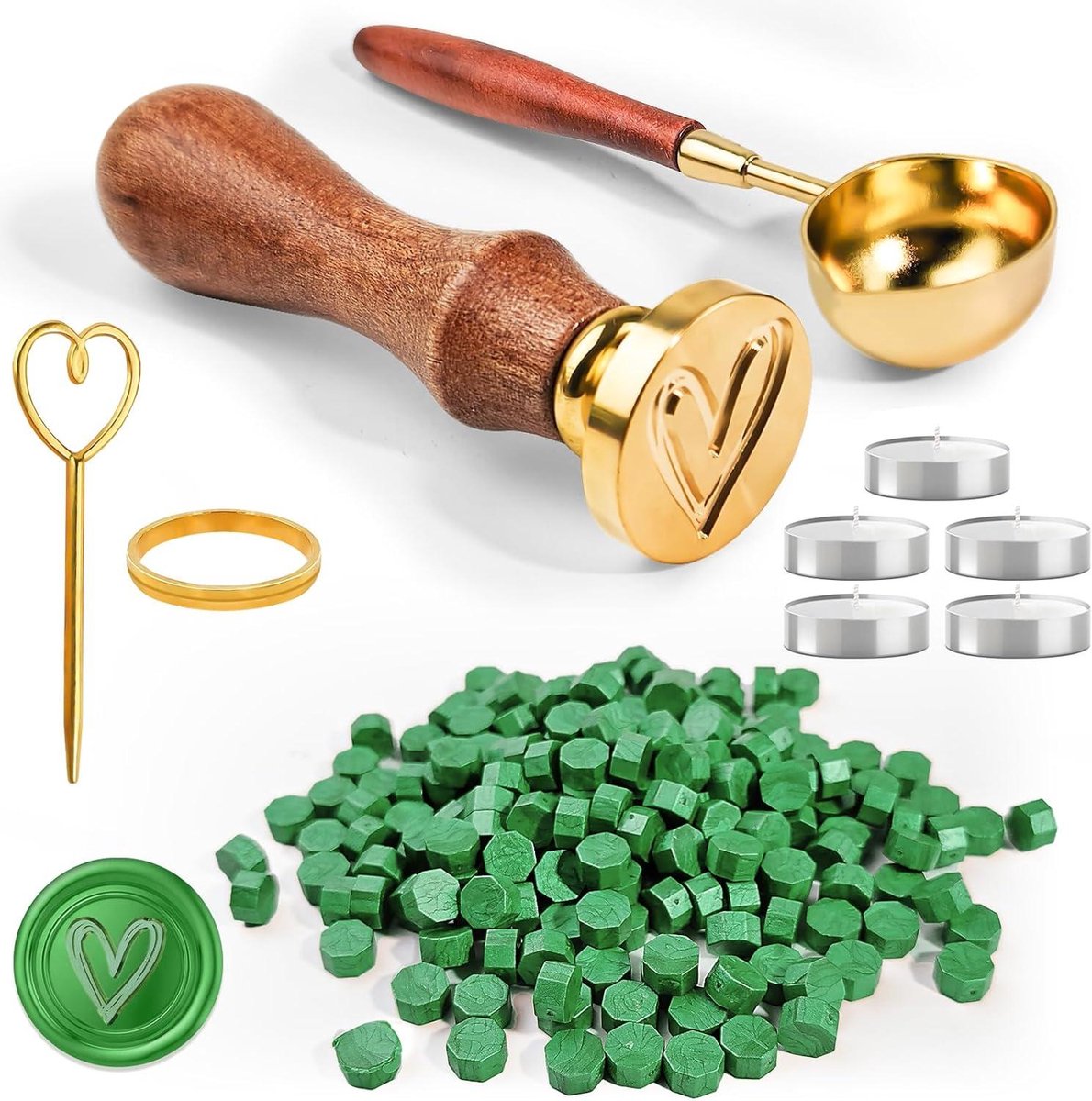 Zegelwaskralen Set met Wasparels, Theekaarsen en Accessoires - Groene Zegelkralen - Achthoekige Verzegelwas voor Enveloppen, Uitnodigingen, Kaarten, Cadeau