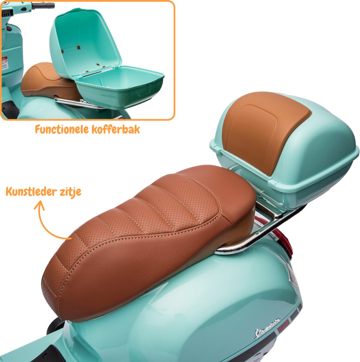 Vespa GT Full Option Elektrische Kinderscooter 3 tot 6 jaar – Officieel Gelicentieerde Kinder Vespa met Kofferbak & Verwijderbare Zijwieltjes – Li-ion Kindermotor met Kunstlederen Zitje, MP3 AUX & USB – Blauw — afbeelding 10