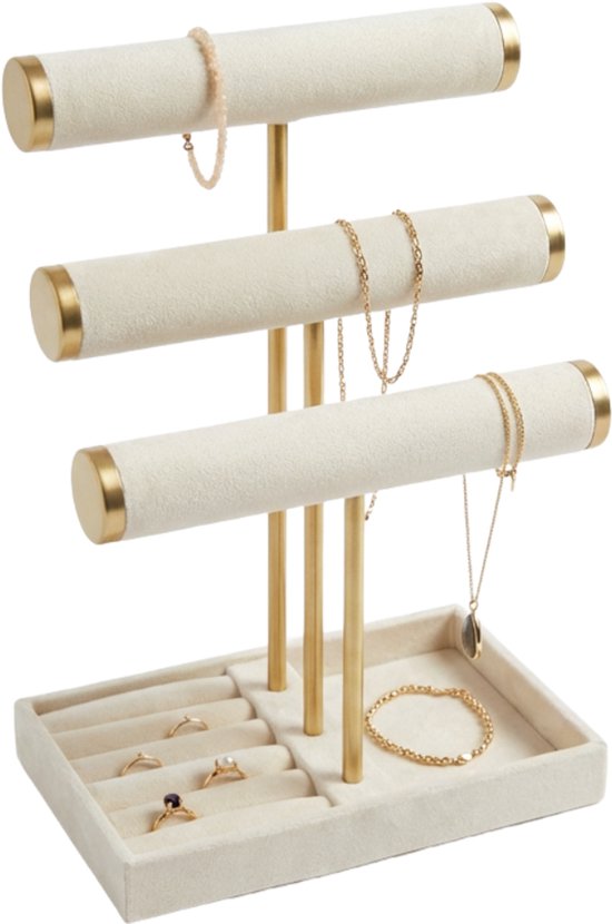 Sieradenorganizer met 3 niveaus, witte sieradenstandaard, afneembare T
