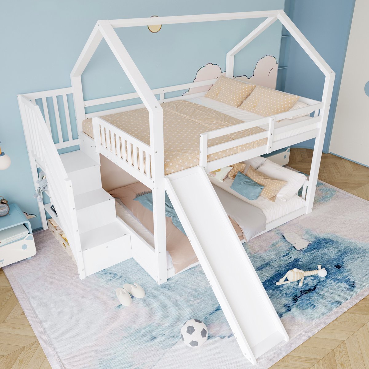 MIVRAY Stapelbed 140x200cm - Met Opbergtrap En Glijbaan - Huisbed Voor Kinderkamer - Grenen En MDF - Wit - Zonder Matras