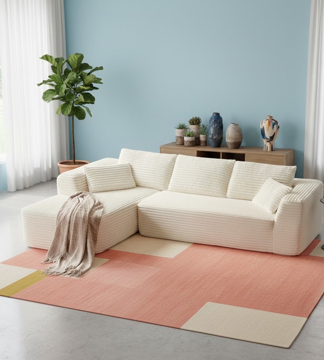 Luxe L-vormige Hoekbank met Slaapfunctie en Corduroy Bekleding – 3-Zits Modulair Sofa Bed