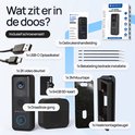 Inhoud van de doos: deurbel, gong, SD-kaart, USB-C kabel, montagebeugel en schroeven.