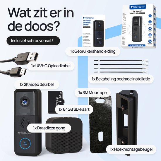 Inhoud van de doos: deurbel, gong, SD-kaart, USB-C kabel, montagebeugel en schroeven.
