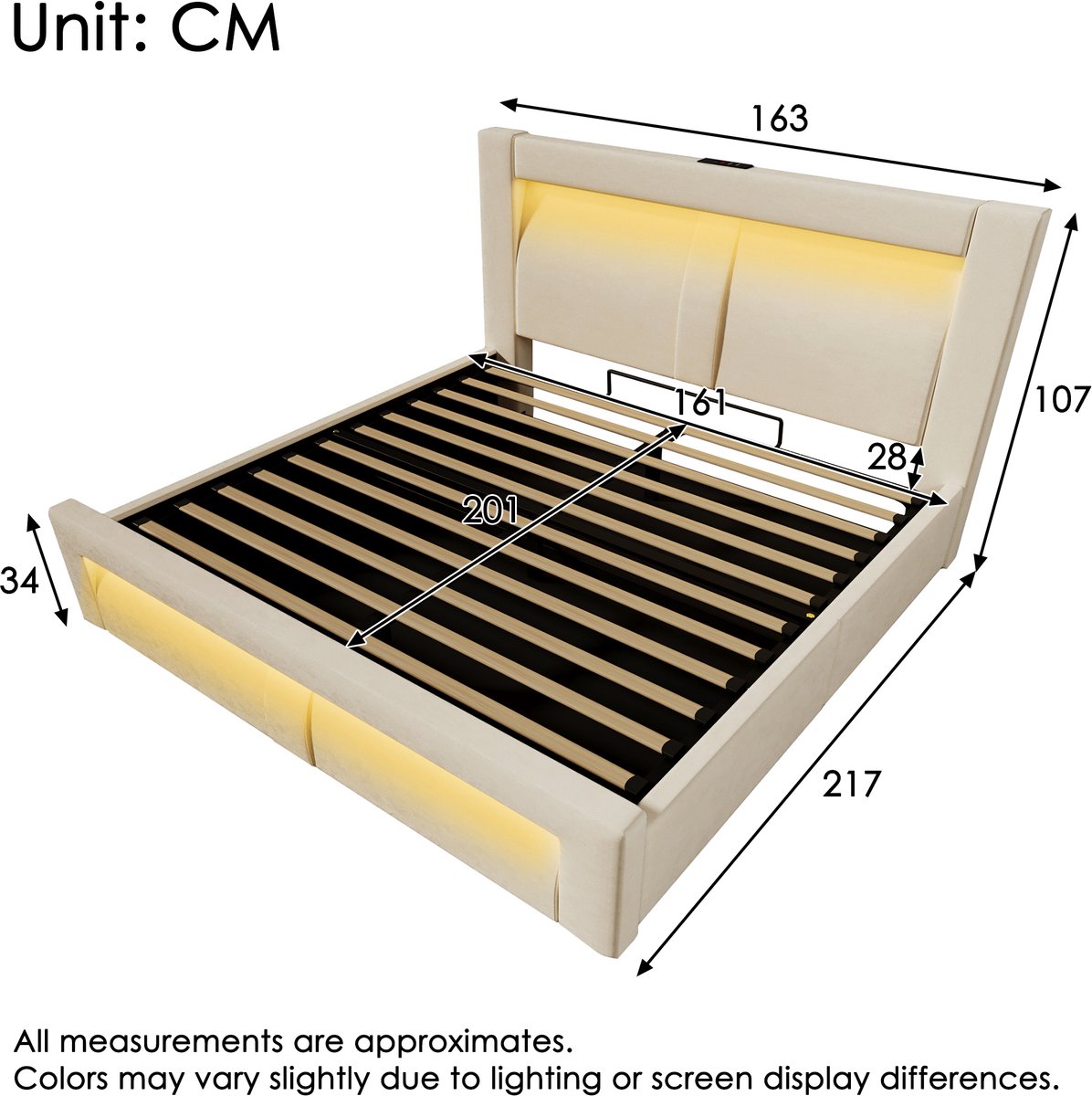 Merax Tweepersoonsbed 160x200 cm met opbergruimte - LED-verlichting - USB- en Type-C-oplaadpoorten - gebogen hoofdeinde - beige - zonder matras