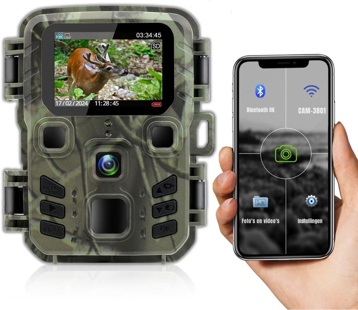 Aurixi® Wildcamera met nachtzicht en WIFI - Camouflage - 10cm x 9cm x 5cm