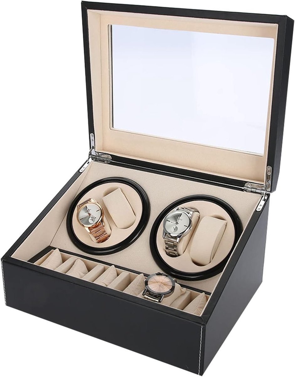 Horlogeopwinderbox met Stille Motor voor 10 Horloges - 4 Automatisch Opwinden, 6 Opbergvakken, Antimagnetisch, PU-leer, Zwart