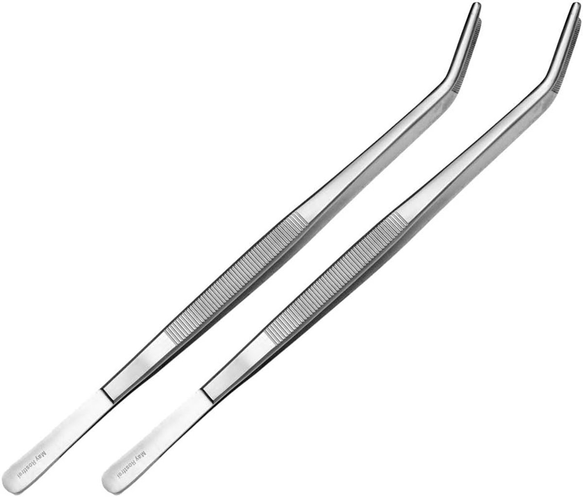 Set van 2 Lange (25 cm) Gebogen Kook- en Grillpincetten van Roestvrij Staal