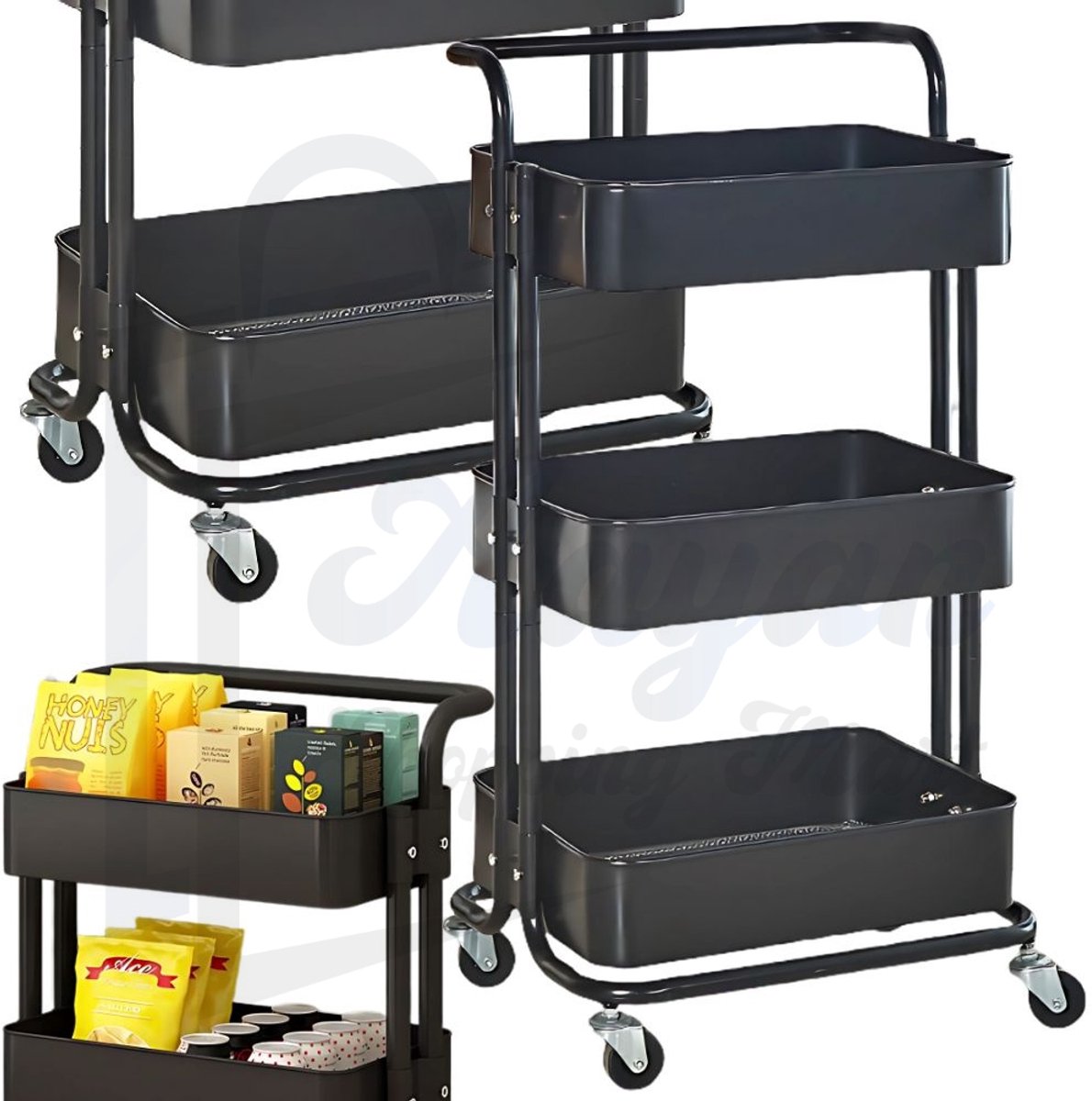 Opbergrek op Wielen 3-Laags – Metalen Opbergrek – Keuken & Badkamer Organizer – Verrijdbare Trolley met Rem – Zwart – keukentrolley – opbergrek op wielen – badkamer trolley – opberg trolley met wielen – multifunctionele trolley – 80871