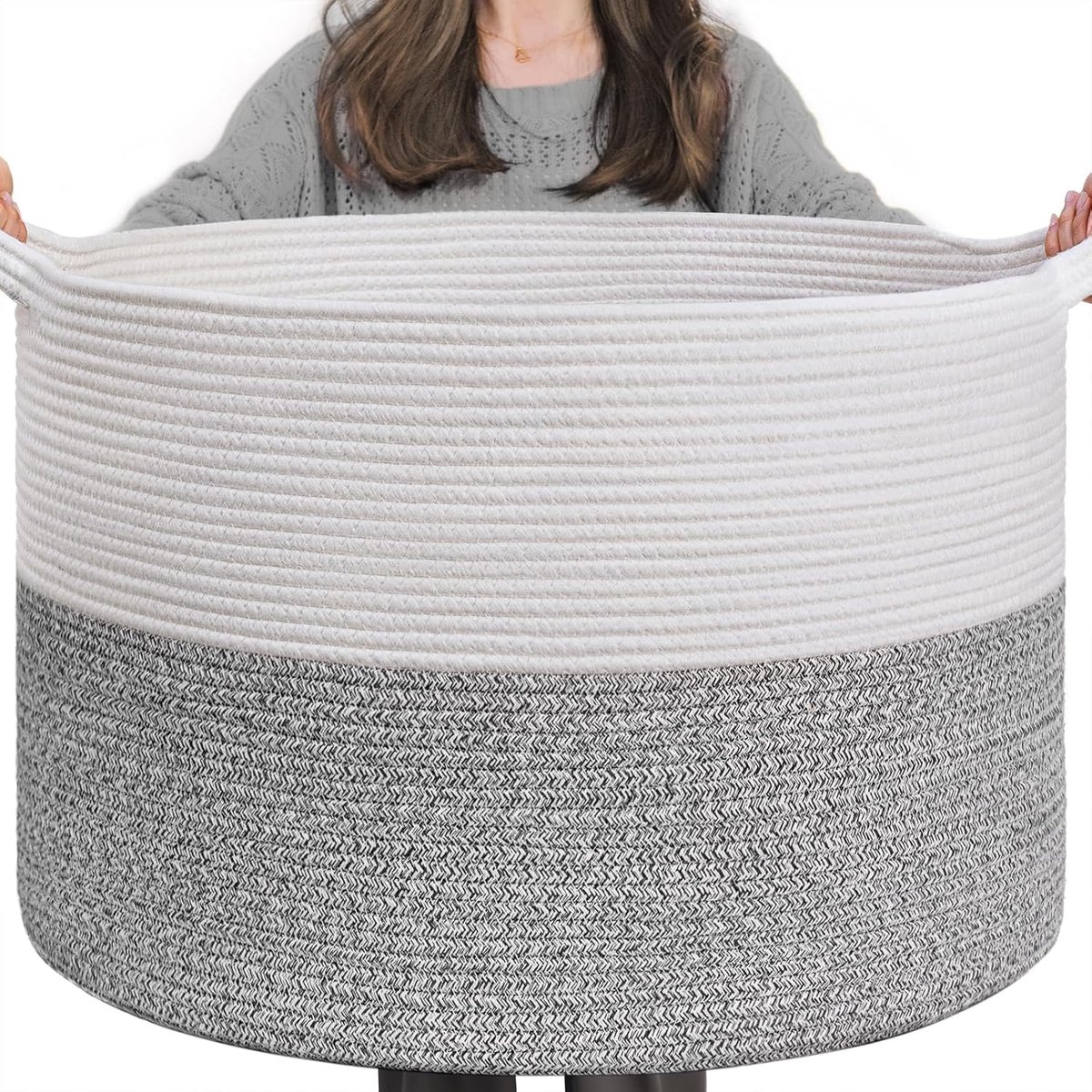 Grote opbergmand van katoenen touw - 55 x 35 cm - Grijs - met handgrepen
