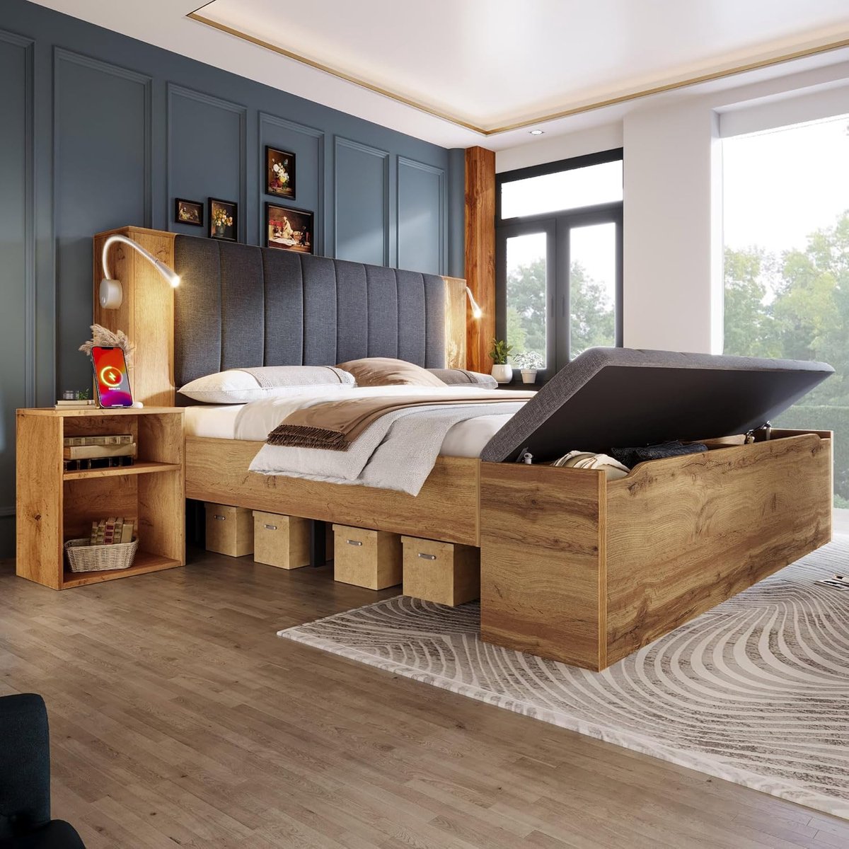 Tweepersoonsbed 160x200 cm met Opbergruimte, Inklapbaar Hoofdbord, 2 Nachtkastjes, Bedbank