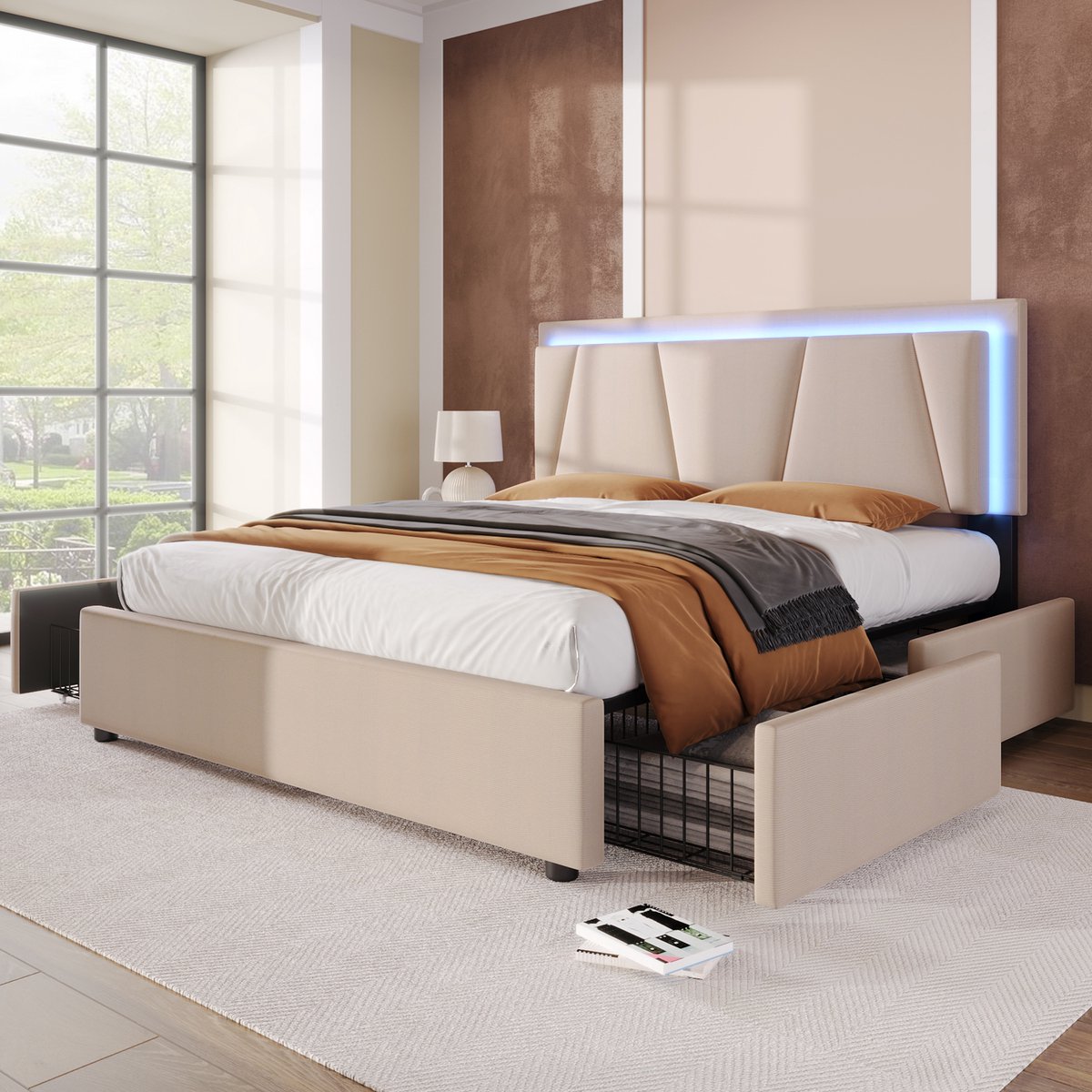 Wishdor Gestoffeerd Bed 140x200 cm – LED & Verstelbaar Hoofdbord – 4 Opberglades – Linnen Beige – 600 lbs