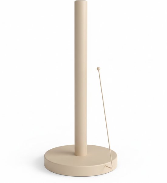 Porte-rouleau de cuisine beige avec base et tige beige doux, isolé sur fond blanc.