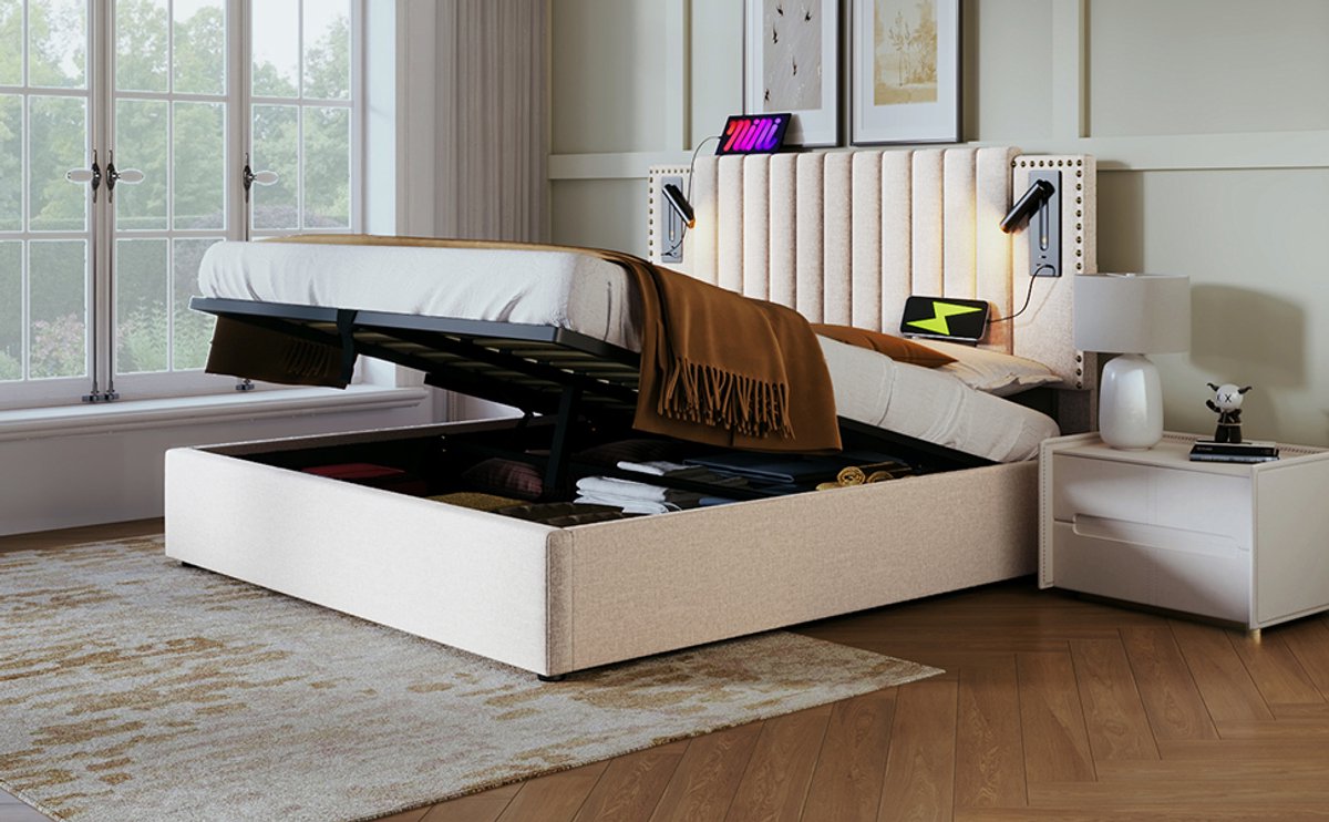 Wishdor – Gestoffeerd Bed 140x200 cm – Leeslamp & USB-C – Verstelbaar Hoofdbord – Hydrauli