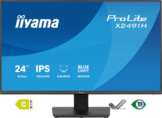 Zwarte iiyama ProLite X2491H monitor, 24 inch, IPS, Full HD, dunne rand, blauw licht reducer.