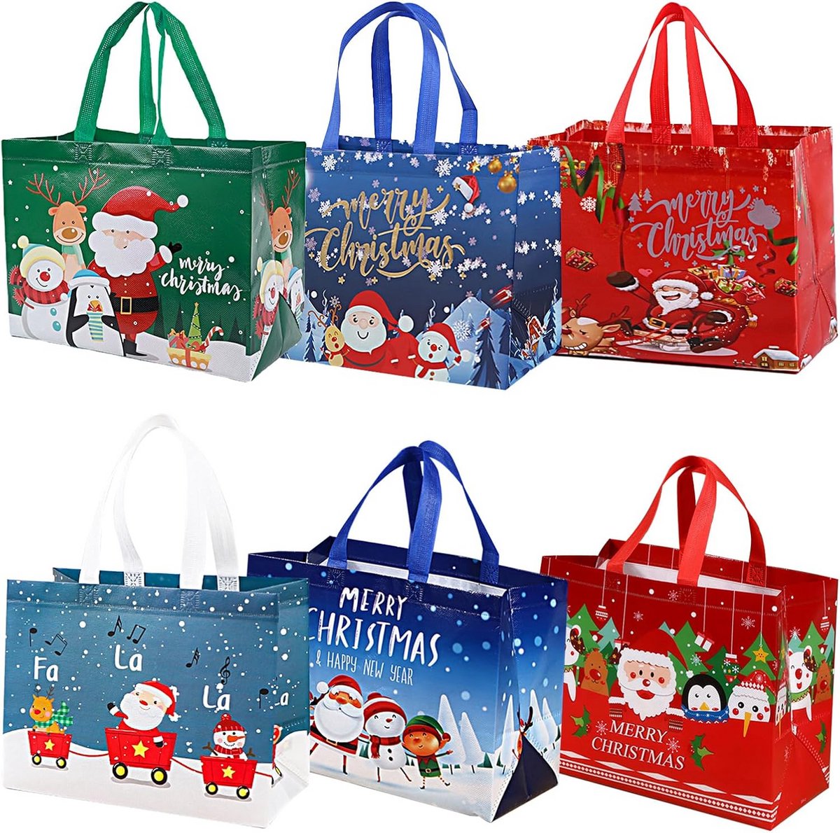 Grote kerstcadeautassen 6 stuks, herbruikbaar non-woven, feestelijk design