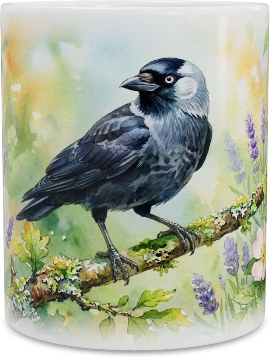 Mok met Kauw "Aquarel Series" Illustratie - Koffiemok & Theemok met Vogel & Bloemen - Natuur Thema voor Kantoor & Thuis - Origineel Cadeau voor haar: Vrouw, Vriendin of Collega - Tuinvogel Drinkbeker - Uniek Vogel Design