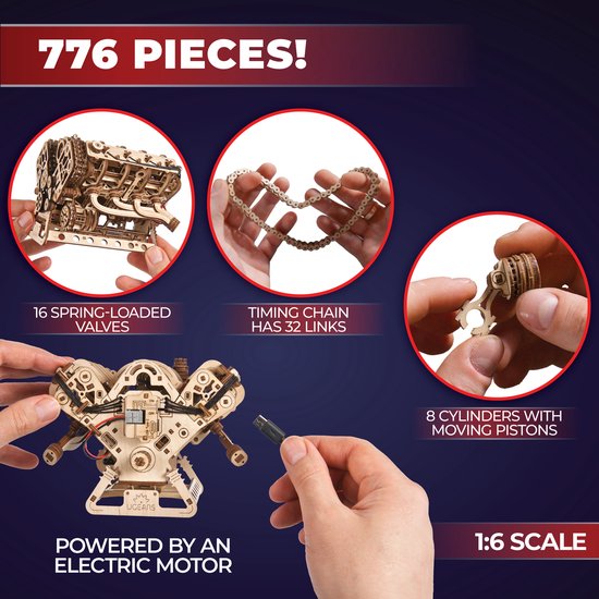 Houten V8 model met 776 onderdelen, werkende tandwielketting, kleppen, cilinders en elektromotor.