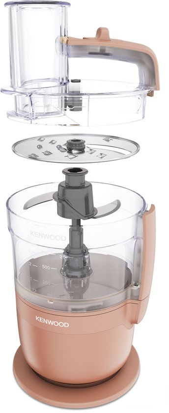Rosekleurige Kenwood keukenmachine in onderdelen: basis, mes, kom en deksel.