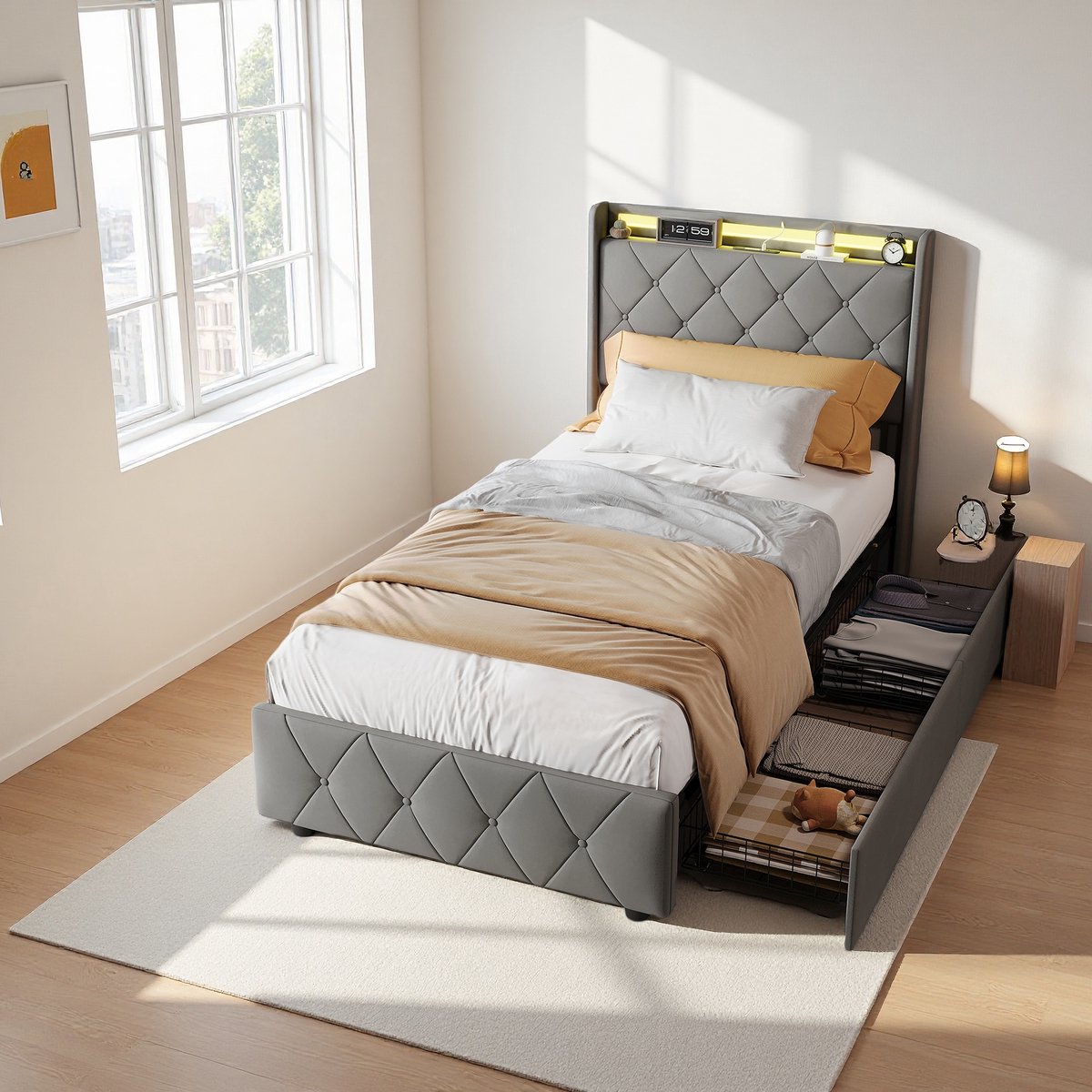 ROSAHQNDA Eenpersoonsbed 90 x 200 cm, Jeugdbed met 2 lades, Houten lattenbodem, Kinderbed, Bed met opbergruimte, LED-verlichting, Grijze flanel Grijs