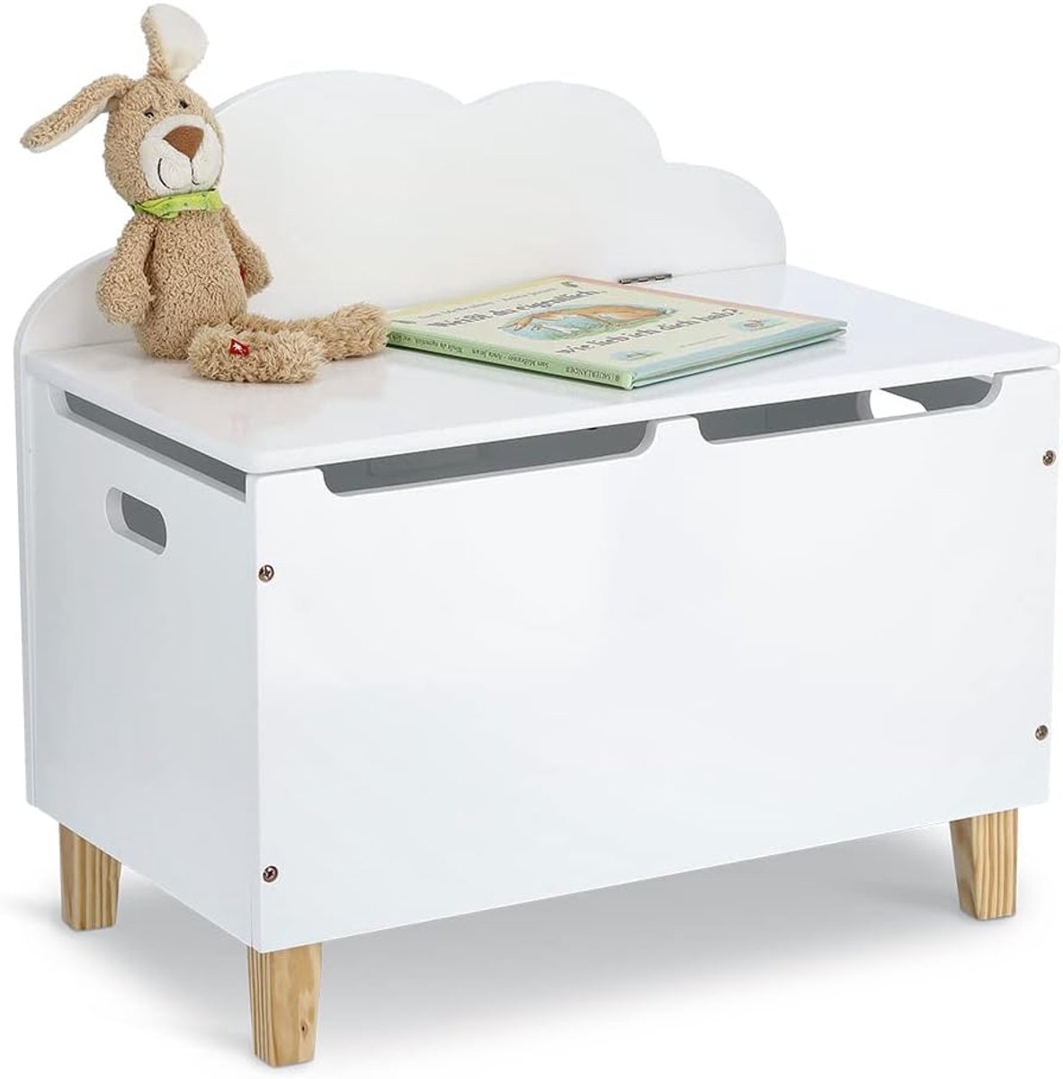 Witte kinderopbergdoos met deksel - 60x34,5x56 cm - MDF en grenen - stangscharnier