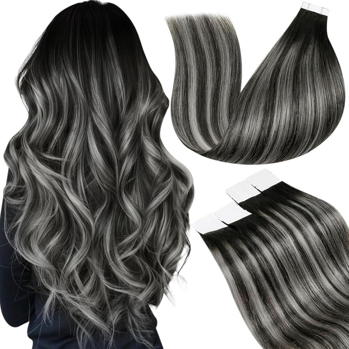 Haarverlengingen - Echt haar - Volume creëren - Zonder knopen - 30cm 20stuks - Zwart met zilver