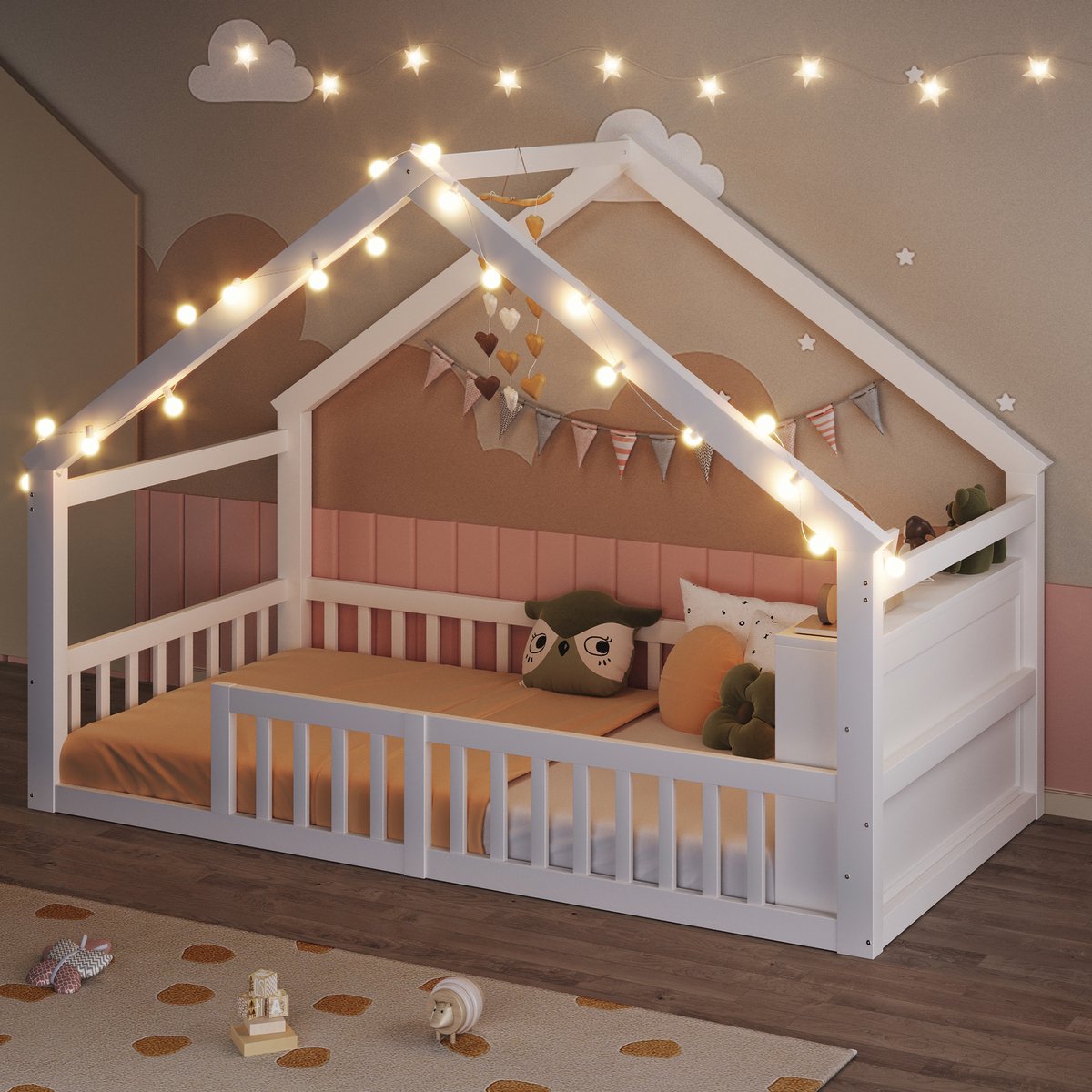 Wishdor – Kinderbed 90x190 cm – Huisvorm, Veiligheidshek & Opbergrekken – Grenenhout Wit