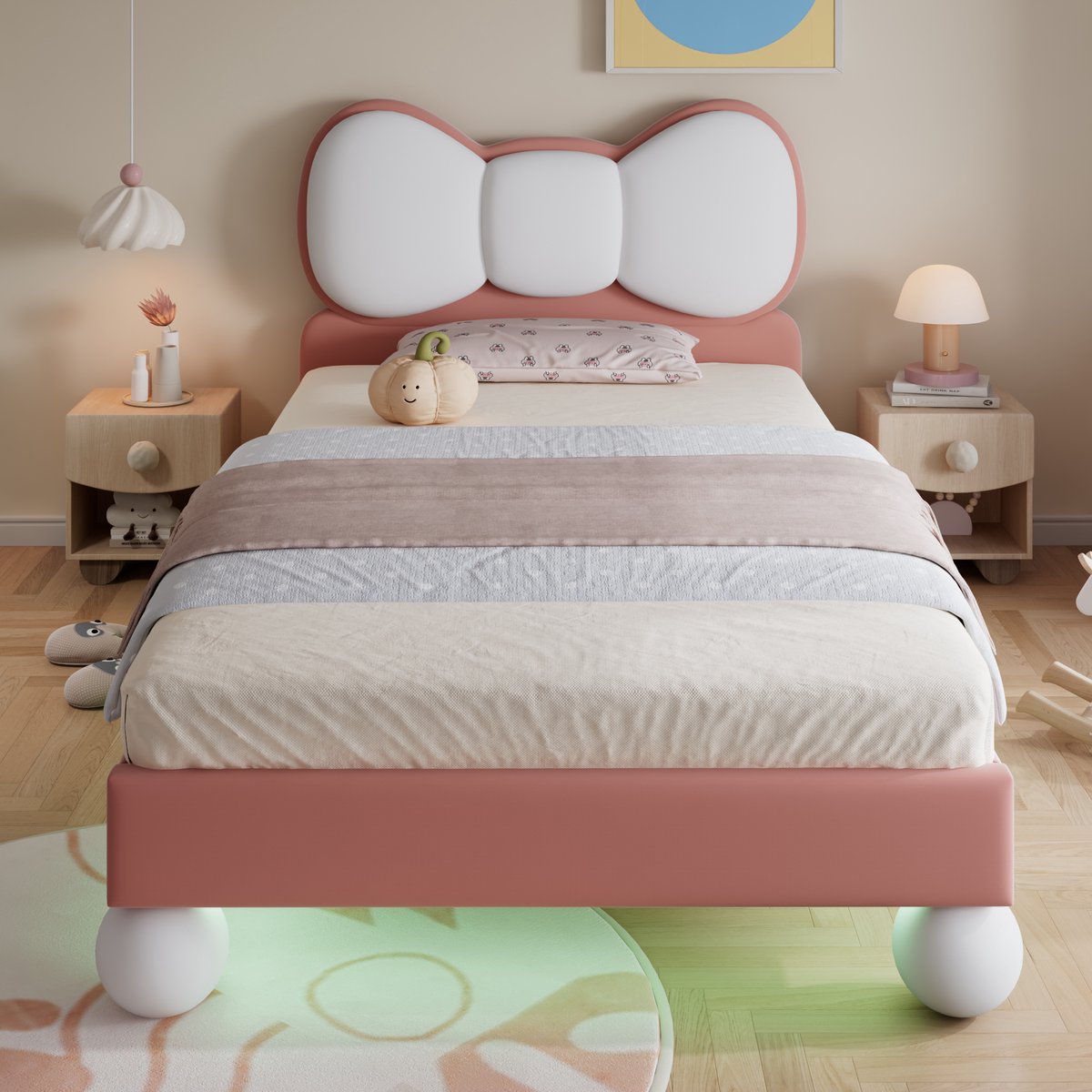 Wishdor Kinderbed 90x200 cm – Vlindervormig Hoofdbord & LED – Fluweel Beige‑Roze