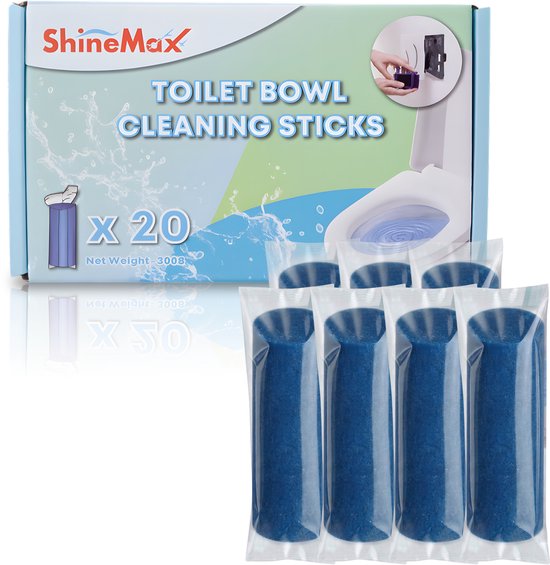 Doos met 20 blauwe toiletstickjes, met afbeelding van een toilet en productgebruik.